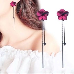 New-Red & Black Floral Tassel Stud Earrings